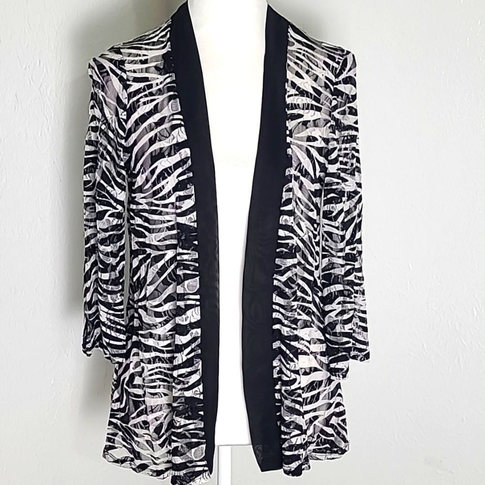 Slinky Brand Black & White Cardigan Sheer Top, Criss-Cross Cut-outs, Sz Small